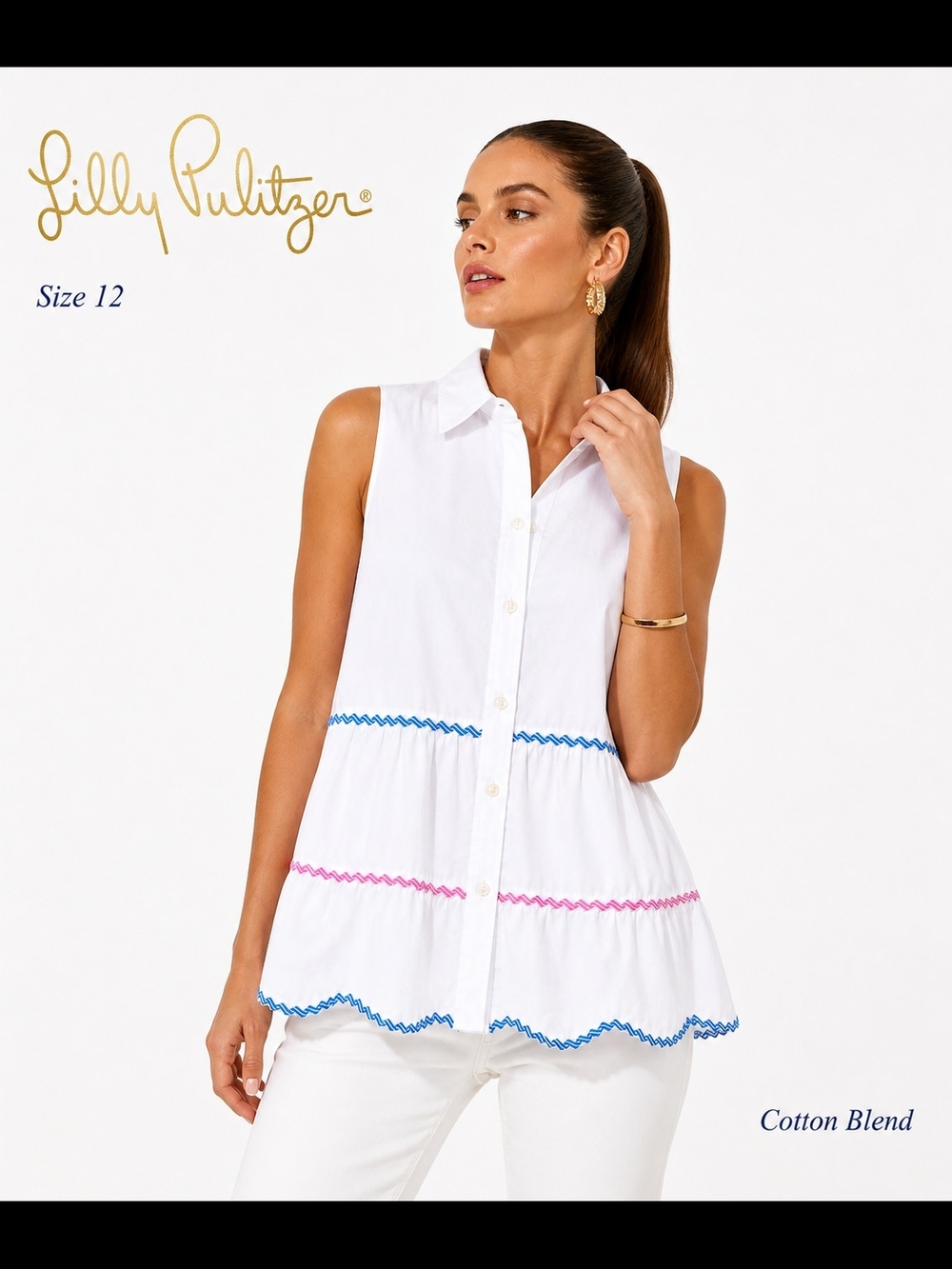 Lilly Pulitzer Women Breah Button Top White Cotton Blend 12